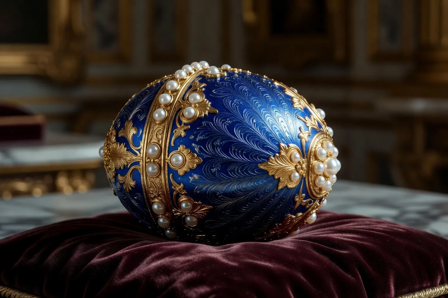 Oeuf impérial Fabergé émaillé et orné de pierres précieuses sur fond de velours
