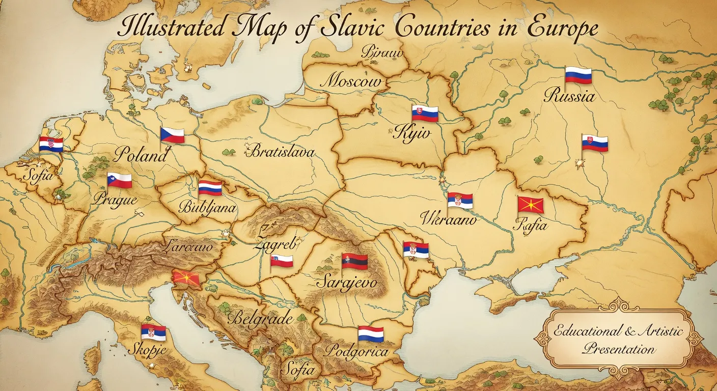 Carte illustrant la repartition des trois groupes de peuples slaves a travers l'Europe