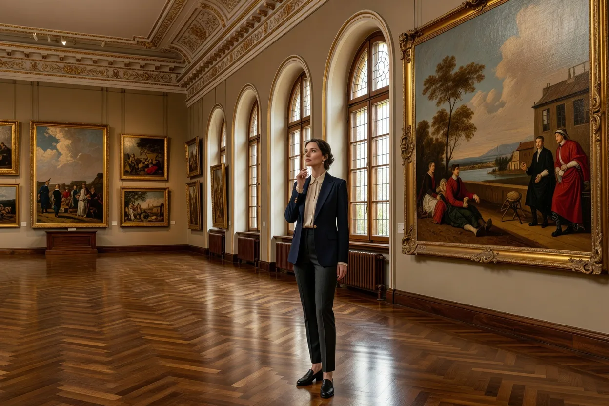 Salle de musée russe avec tableaux encadrés à l'ancienne et visiteuse contemplant les œuvres