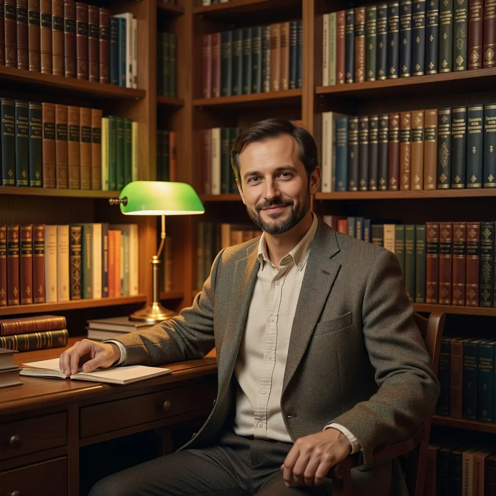 Dimitri Slaviansky, slaviste et ethnologue, dans un cadre de bibliotheque