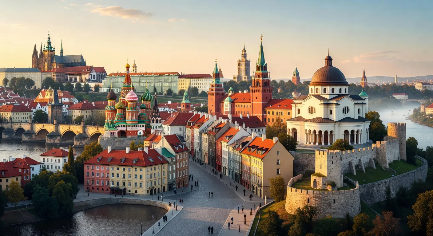 Panorama des capitales slaves illustrant la diversite architecturale de l'Europe de l'Est et des Balkans