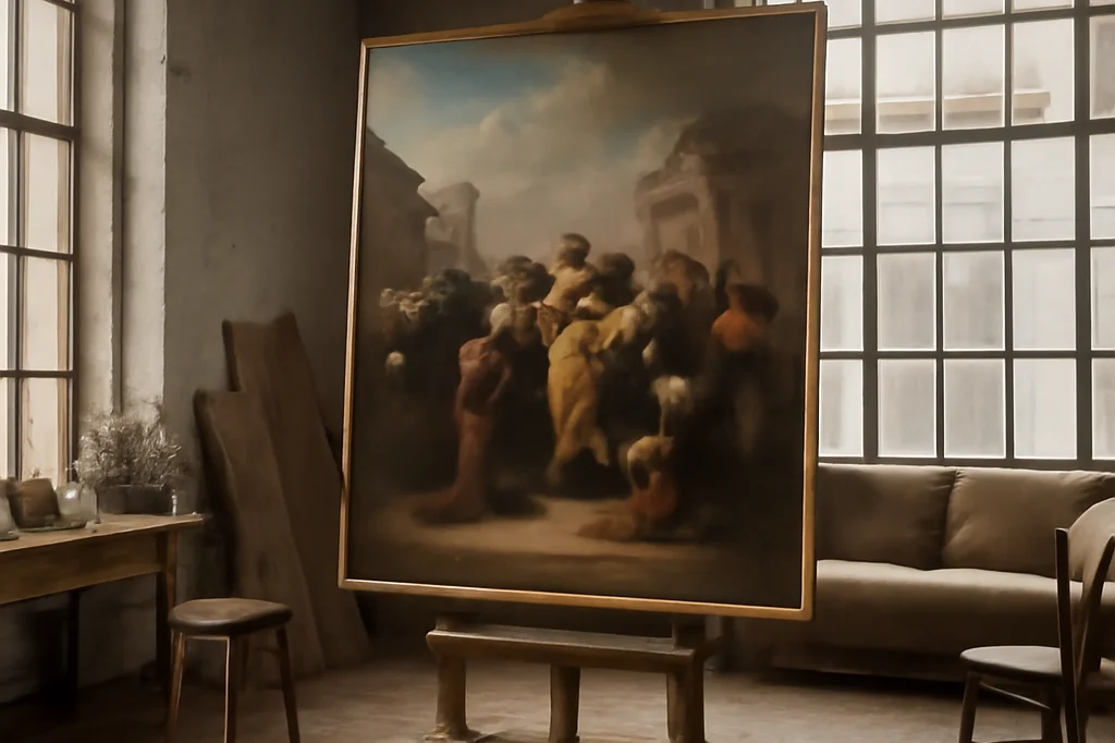 Grand atelier de peintre contemporain russe avec une toile figurative monumentale en cours d'exécution, lumière naturelle