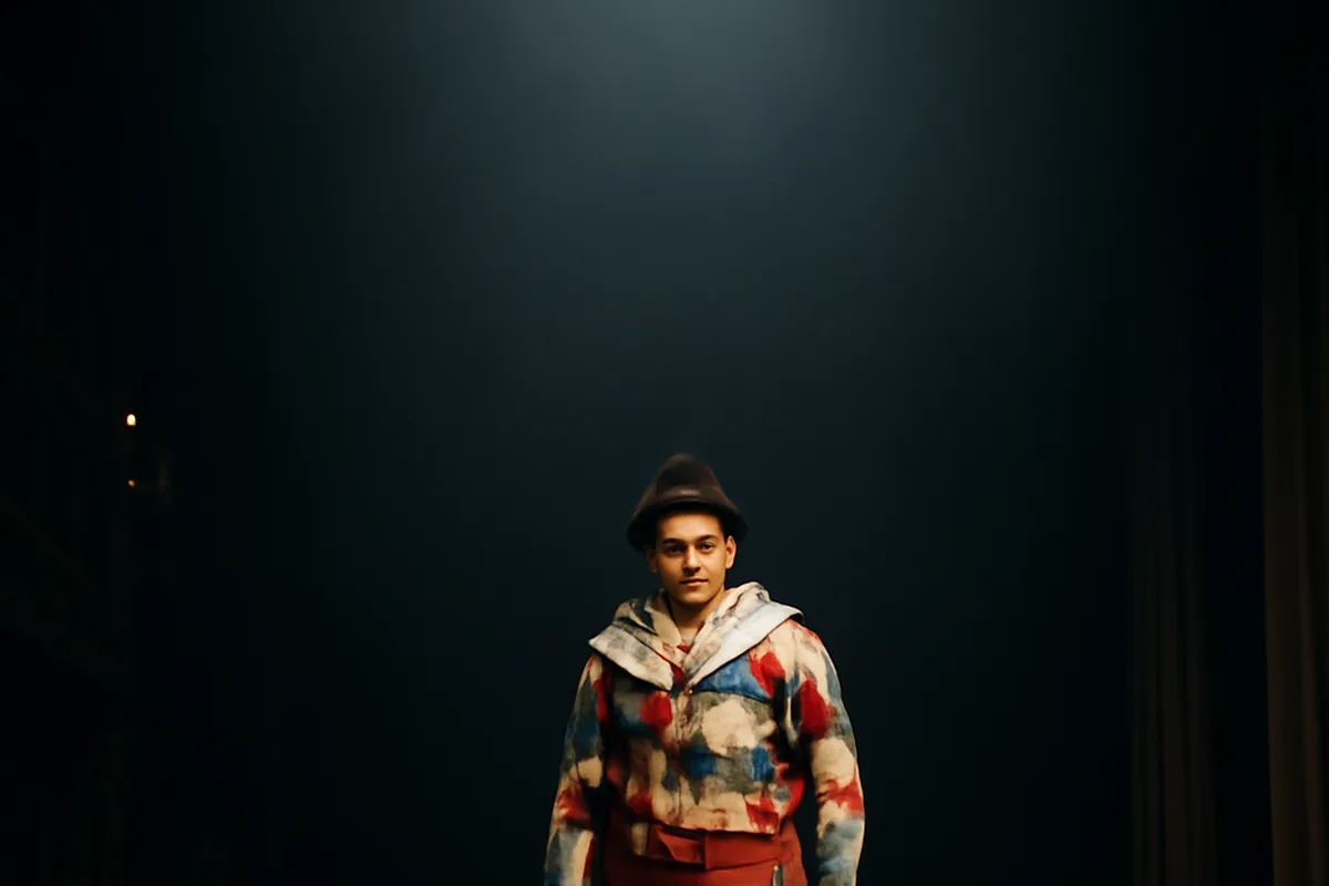 Acteur de théâtre russe en costume stylisé et masque de commedia dell'arte sur une scène éclairée