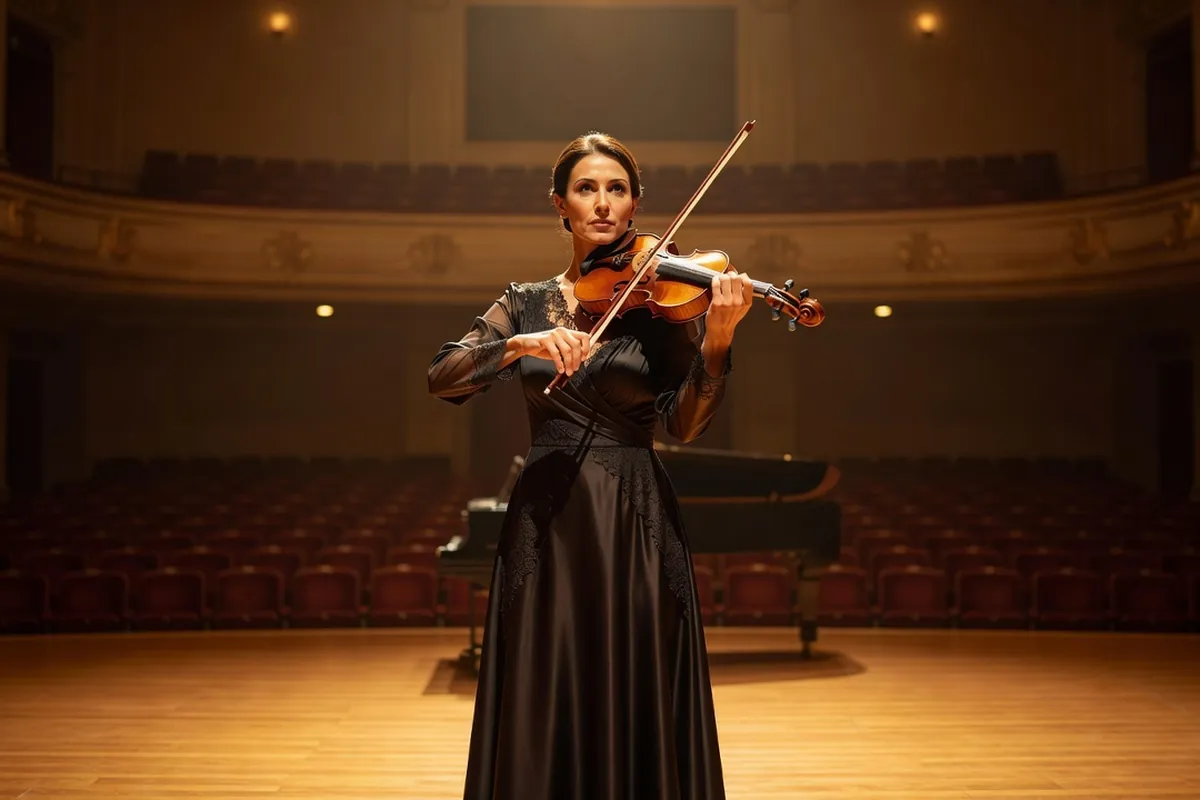 Violoniste en robe de concert sur une scène, archet levé, avec de la marge au-dessus de la tête